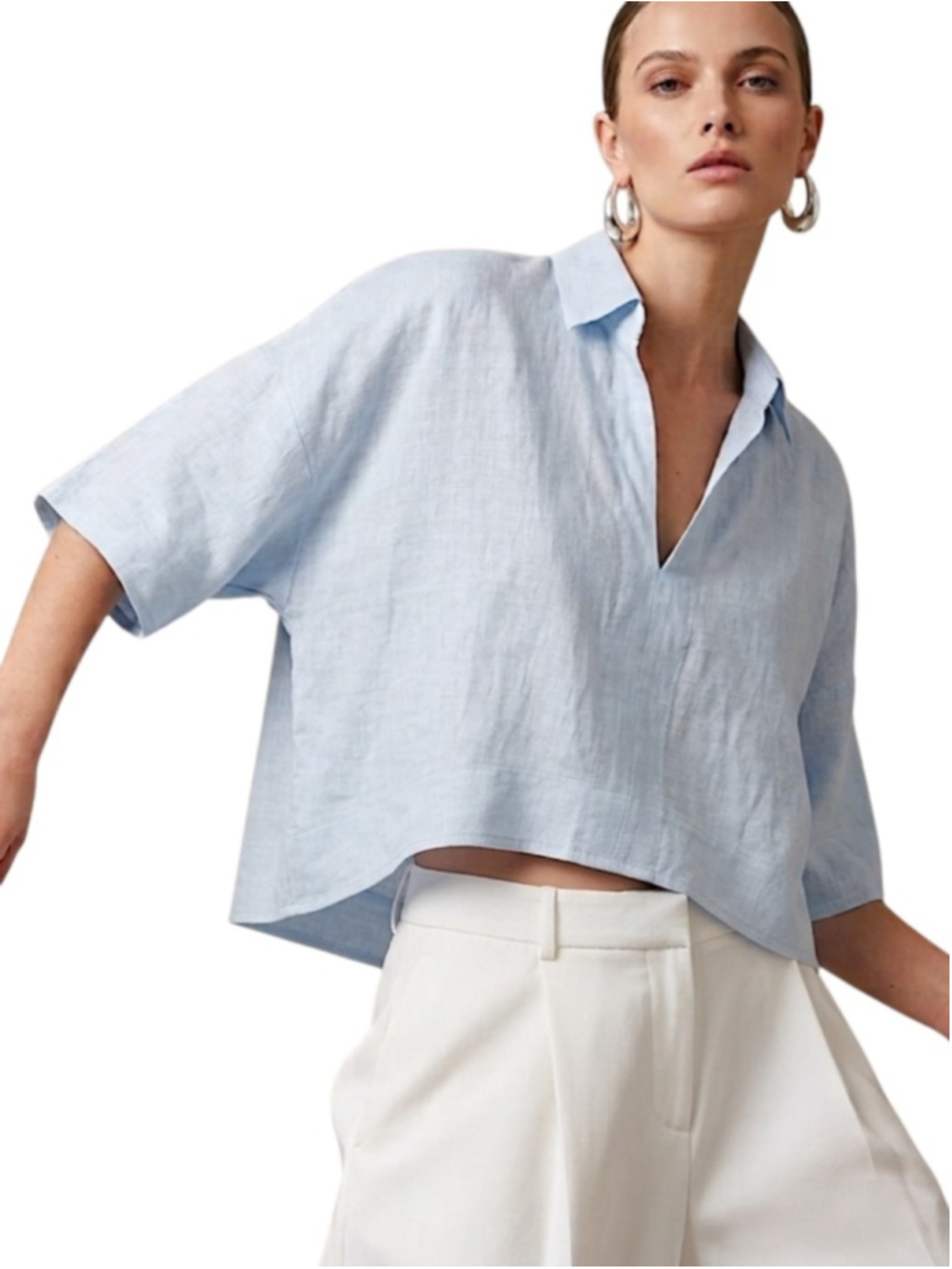 Pure Italian linen pale blue cropped boxy short sleeve old money coastal top S